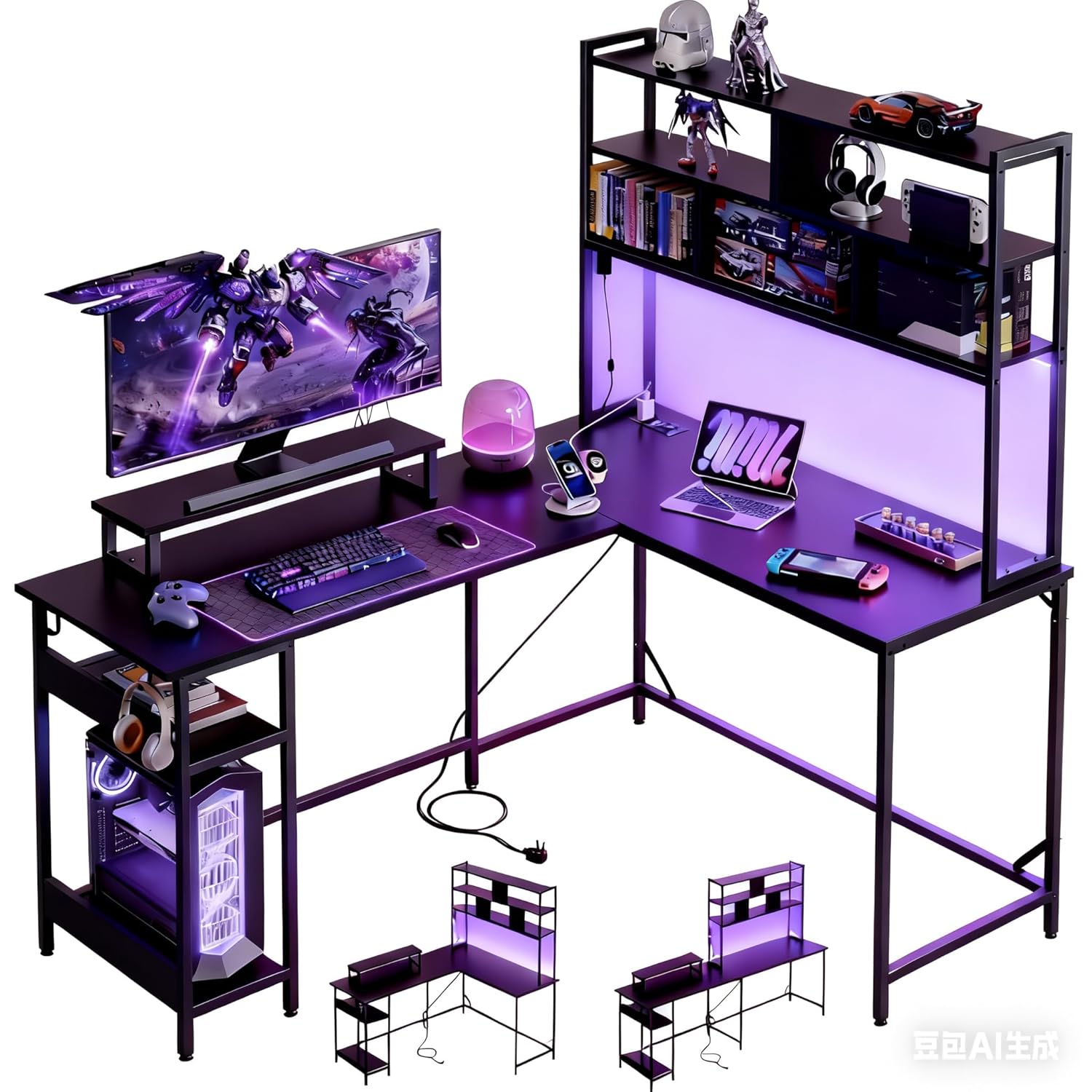 Gaming Desk With Hutch - ハッチ付きL字型ゲーミングデスク、LEDライト付きリバーシブルコンピューターデスク、3段棚、2つのAC+2つのUSBコンセントとモニタースタンド、C