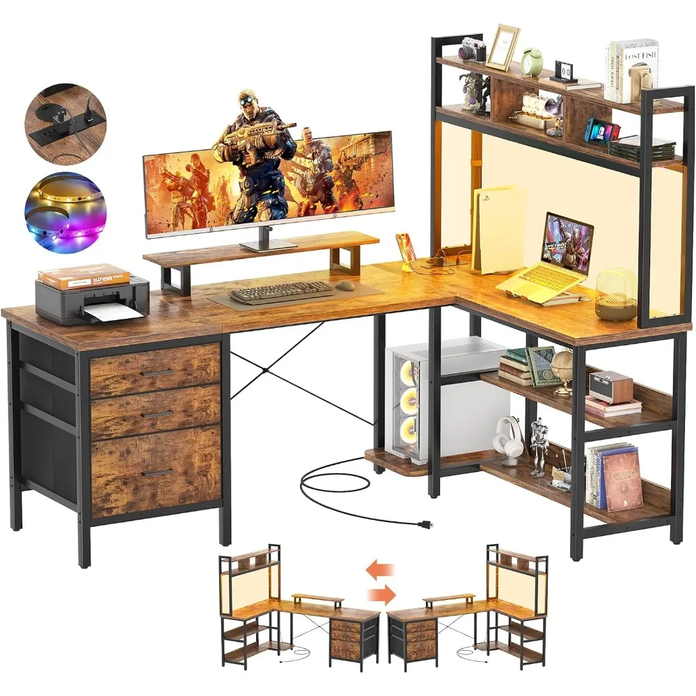 Gaming Desk With Hutch - Aheaplus L字型デスク（ハッチ付き）、LEDライト付きゲーミングデスク、電源コンセント付きリバーシブルコンピューターデスク、ファイル引き出し＆モニタースタンド付きコーナーデスク、家庭用収納棚、F1、ラスティックブラウン