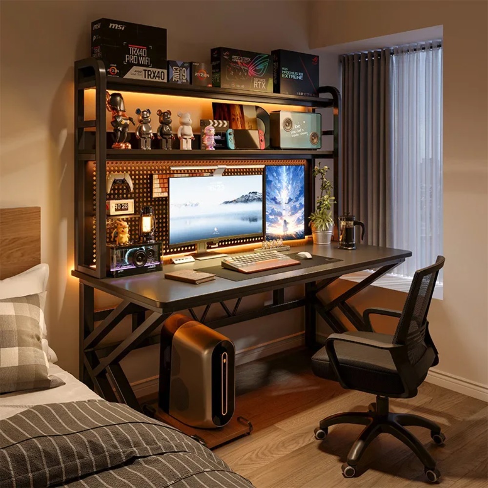 Gaming Desk With Hutch - 本棚とペグボード付きゲーミングデスク、収納棚付きコンピューターデスク、寝室や狭いスペース用のホームオフィス学習デスク