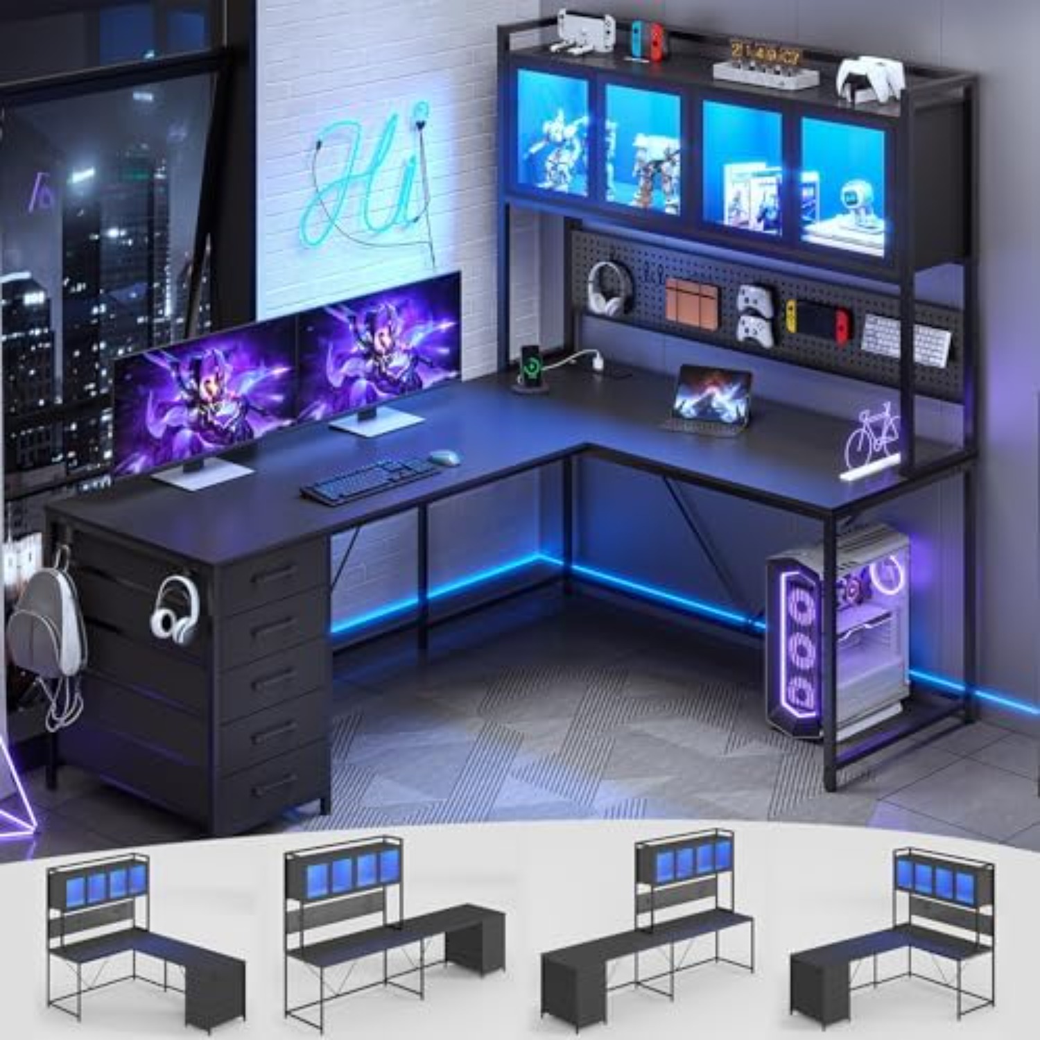 Gaming Desk With Hutch - L字型ゲーミングコーナーデスク（引き出し、ハッチ、収納棚付き） | リバーシブルコンピューターデスク、ゲーミングデスク（付属品付き）