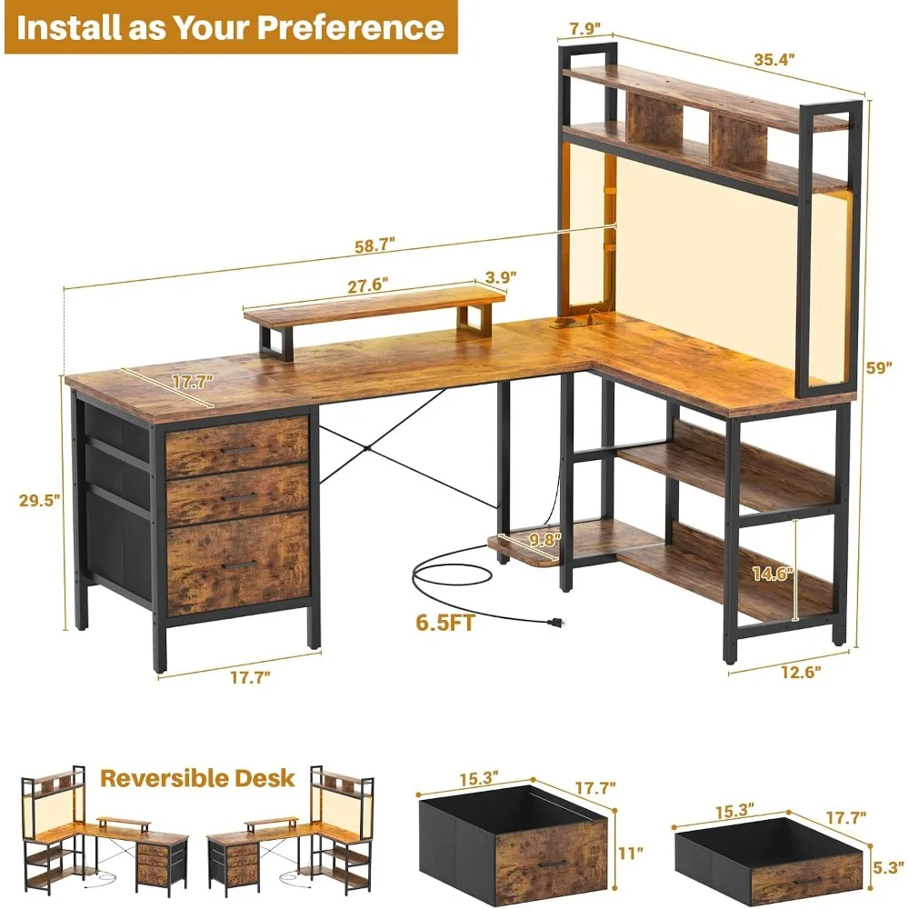 Aheaplus L字型デスク（ハッチ付き）、LEDライト付 - Gaming Desk With Hutch のレビューと価格