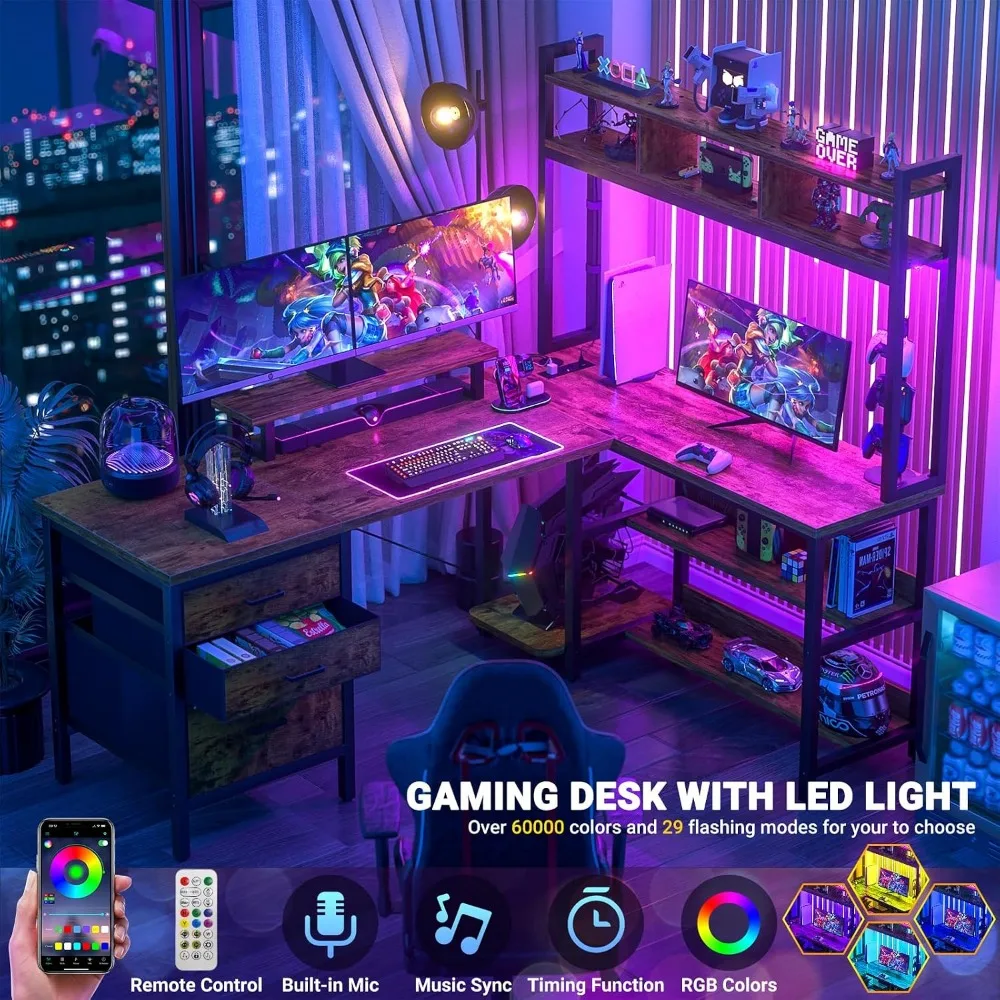 Aheaplus L字型デスク（ハッチ付き）、LEDライト付 - Gaming Desk With Hutch のレビューと価格