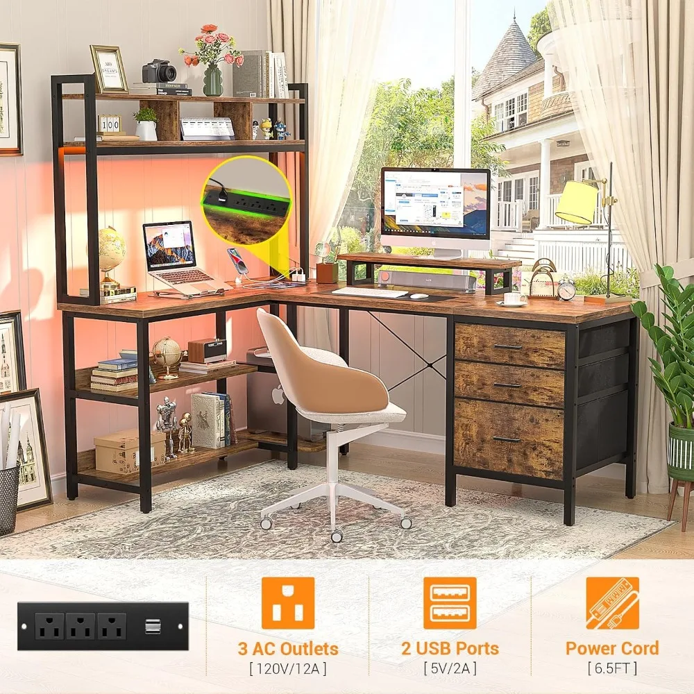 Aheaplus L字型デスク（ハッチ付き）、LEDライト付 - Gaming Desk With Hutch のレビューと価格