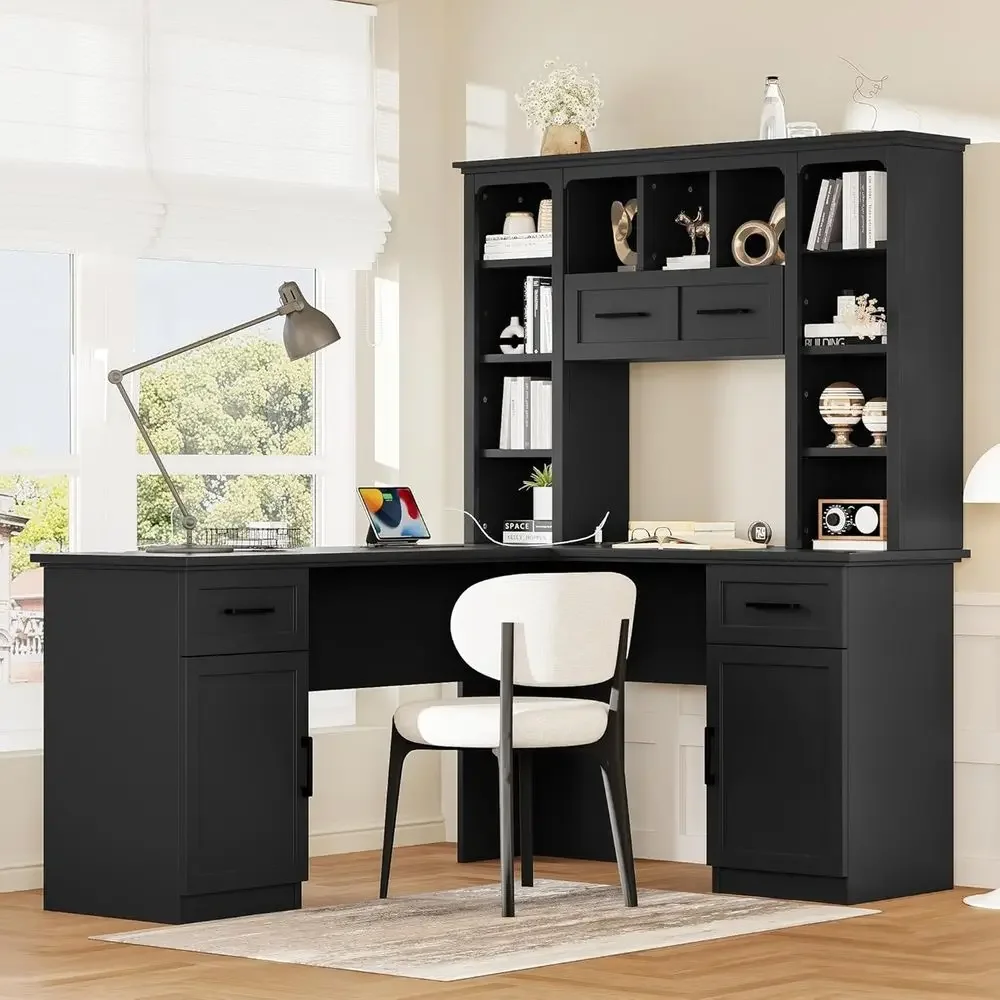 L字型オフィスデスク、収納付き、ハッチとオープンシェルフ付き - Gaming Desk With Hutch のレビューと価格