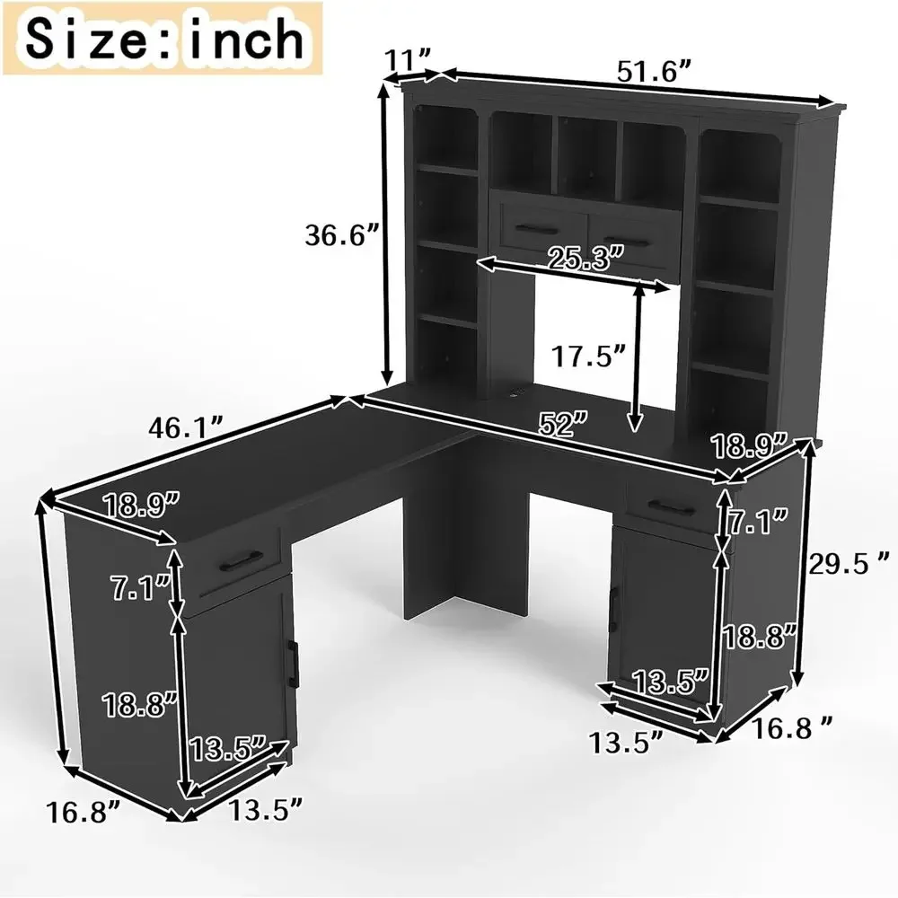 L字型オフィスデスク、収納付き、ハッチとオープンシェルフ付き - Gaming Desk With Hutch のレビューと価格