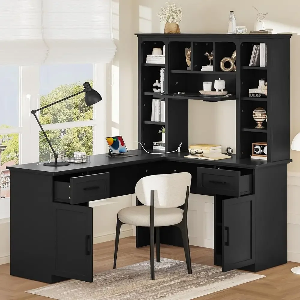 L字型オフィスデスク、収納付き、ハッチとオープンシェルフ付き - Gaming Desk With Hutch のレビューと価格