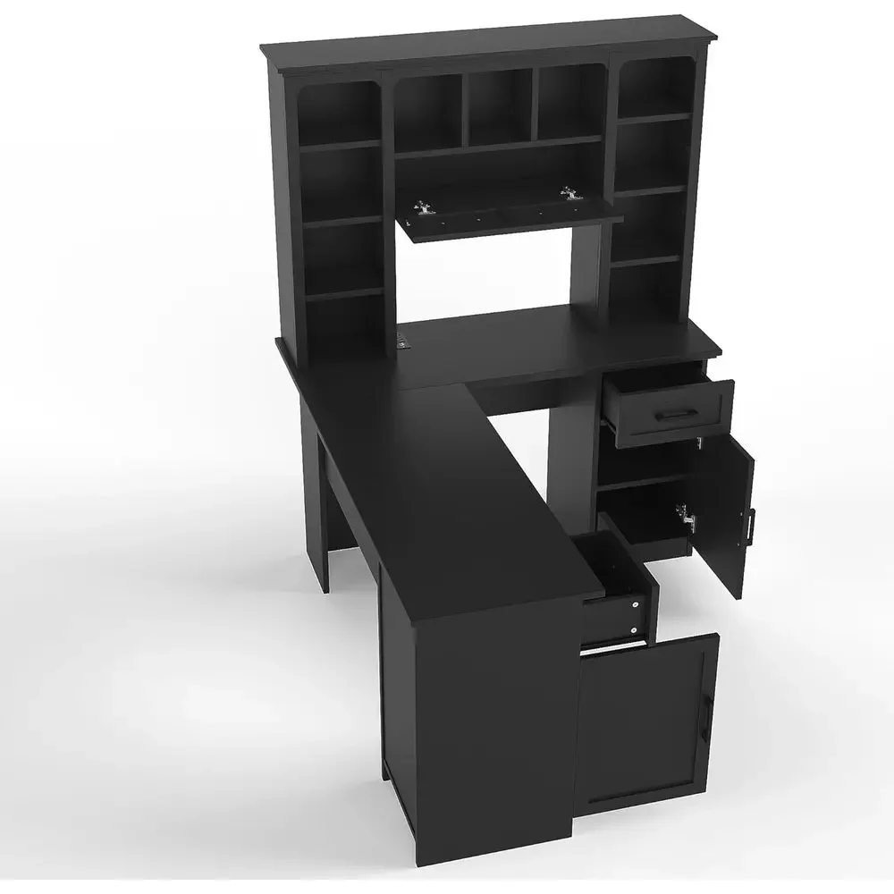 L字型オフィスデスク、収納付き、ハッチとオープンシェルフ付き - Gaming Desk With Hutch のレビューと価格
