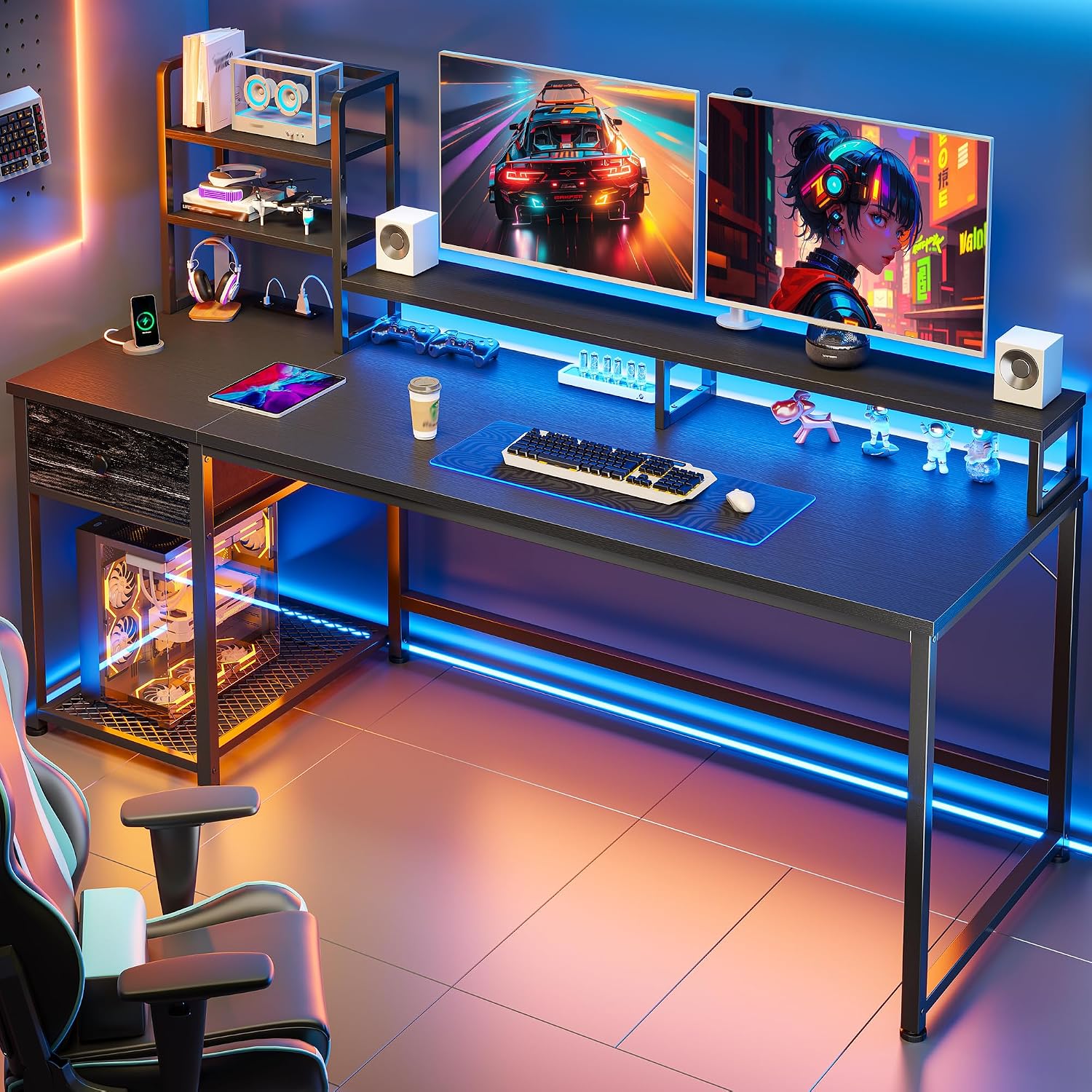 ハッチと引き出し付きゲーミングデスク、モニターシェルフ付きリ - Gaming Desk With Hutch のレビューと価格