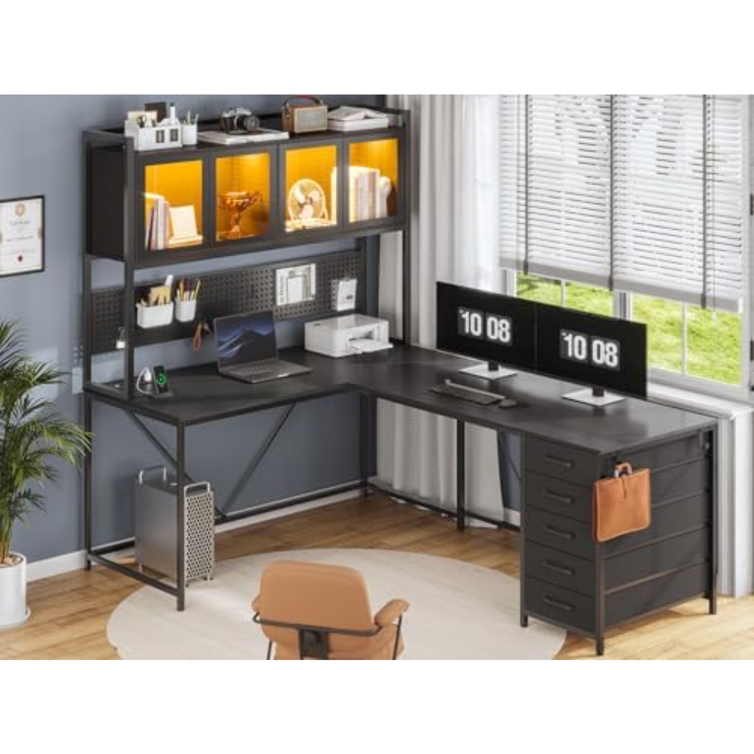 L字型ゲーミングコーナーデスク（引き出し、ハッチ、収納棚付き - Gaming Desk With Hutch のレビューと価格